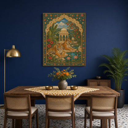 Experience the majestic allure of this Indian miniature art print capturing two regal tigers for Dining