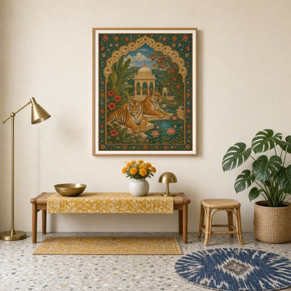 Experience the majestic allure of this Indian miniature art print capturing two regal tigers for Entrance