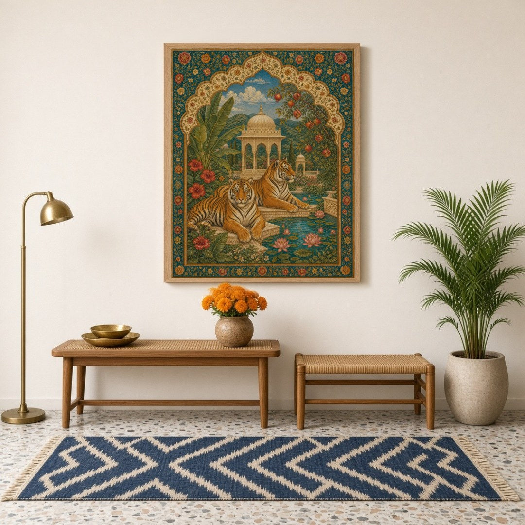 Experience the majestic allure of this Indian miniature art print capturing two regal tigers for Hallway