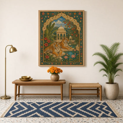 Experience the majestic allure of this Indian miniature art print capturing two regal tigers for Hallway