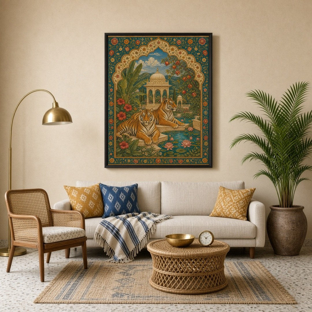 Experience the majestic allure of this Indian miniature art print capturing two regal tigers for Living Room