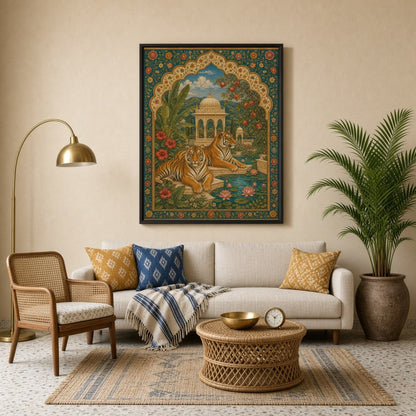 Experience the majestic allure of this Indian miniature art print capturing two regal tigers for Living Room