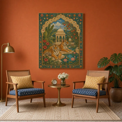 Experience the majestic allure of this Indian miniature art print capturing two regal tigers for Sitting Area
