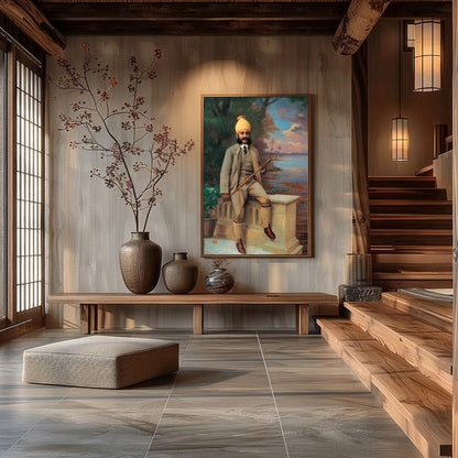 This stunning piece captures a serene moment by the lake, highlighting the elegance of a for Hall