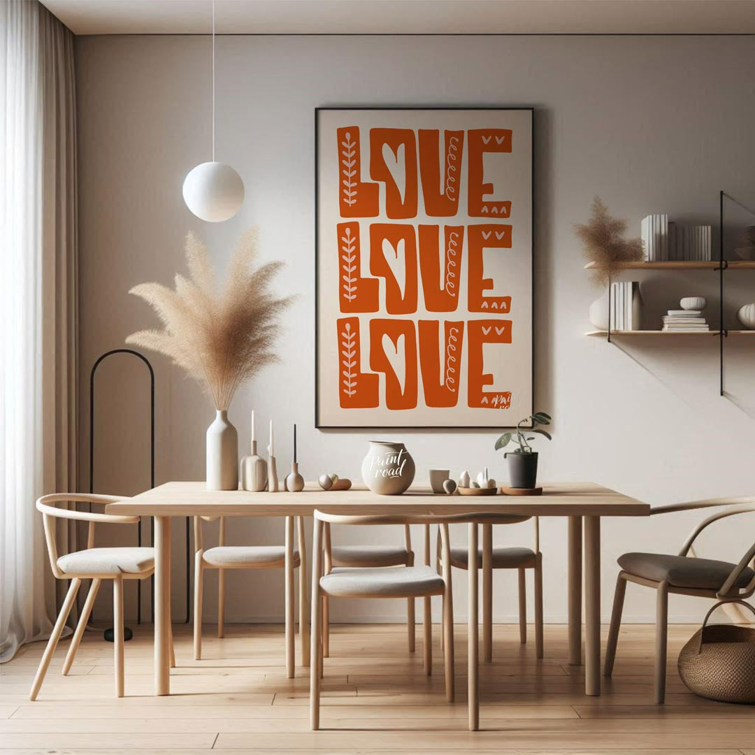 This warm and inviting art print features the word “LOVE” repeated three times in bold, block-lette… for dining room