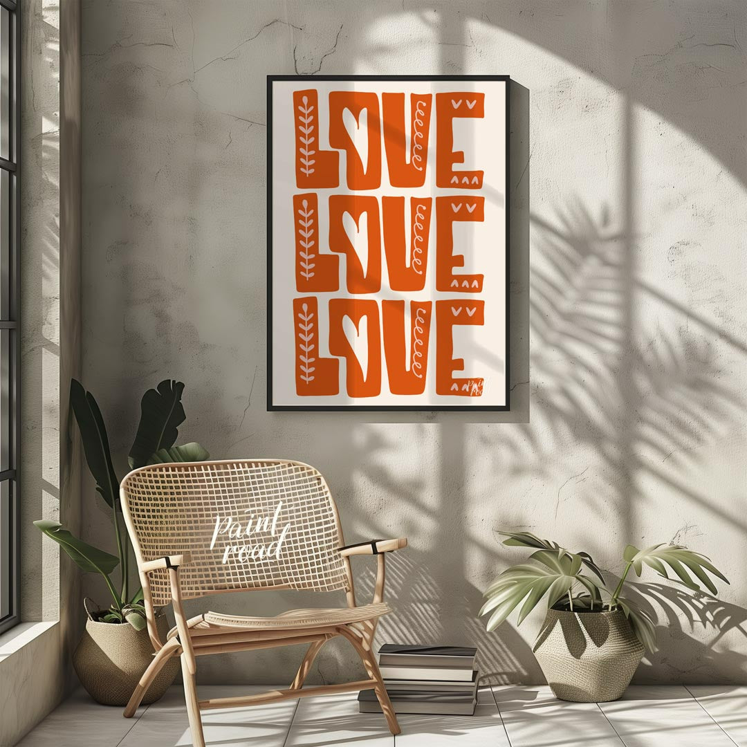 This warm and inviting art print features the word “LOVE” repeated three times in bold, block-lette… for living room