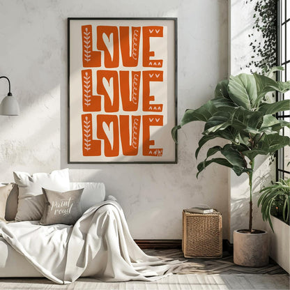 This warm and inviting art print features the word “LOVE” repeated three times in bold, block-lette… for living room