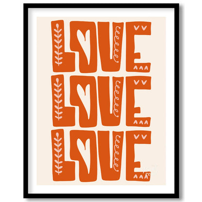 This warm and inviting art print features the word “LOVE” repeated three times in bold, block-lette… for room