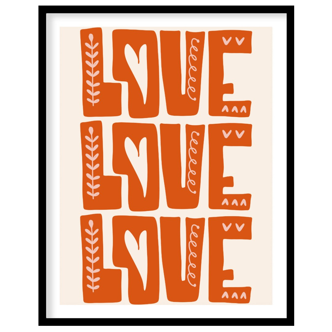 This warm and inviting art print features the word “LOVE” repeated three times in bold, block-lette… for room