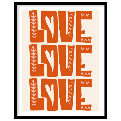 This warm and inviting art print features the word “LOVE” repeated three times in bold, block-lette… for room
