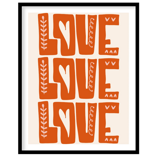 This warm and inviting art print features the word “LOVE” repeated three times in bold, block-lette… for room