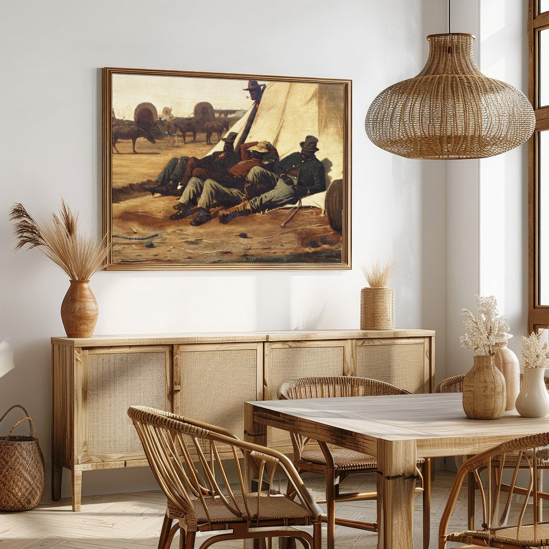 Capture the essence of the American Wild West with this evocative canvas depicting cowboys resting for Dining