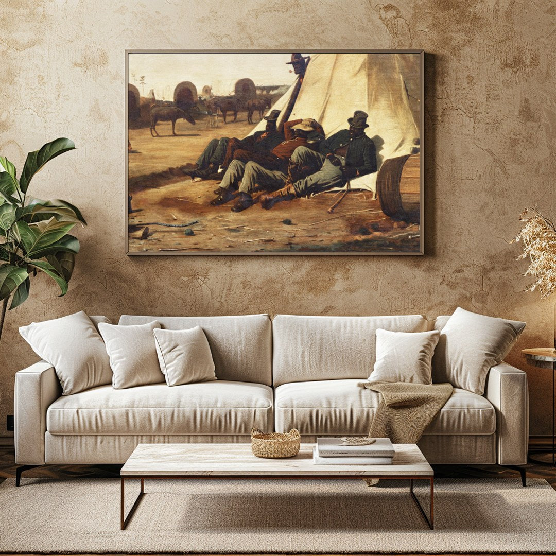 Capture the essence of the American Wild West with this evocative canvas depicting cowboys resting for Family Room