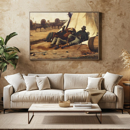 Capture the essence of the American Wild West with this evocative canvas depicting cowboys resting for Family Room