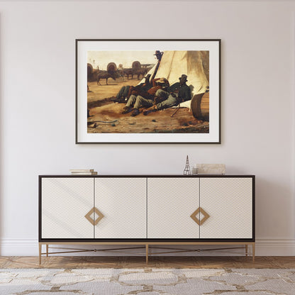 Capture the essence of the American Wild West with this evocative canvas depicting cowboys resting for Foyer