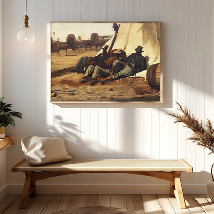 Capture the essence of the American Wild West with this evocative canvas depicting cowboys resting for Hallway