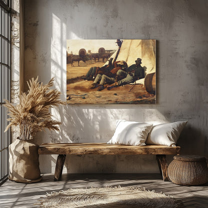 Capture the essence of the American Wild West with this evocative canvas depicting cowboys resting for Veranda