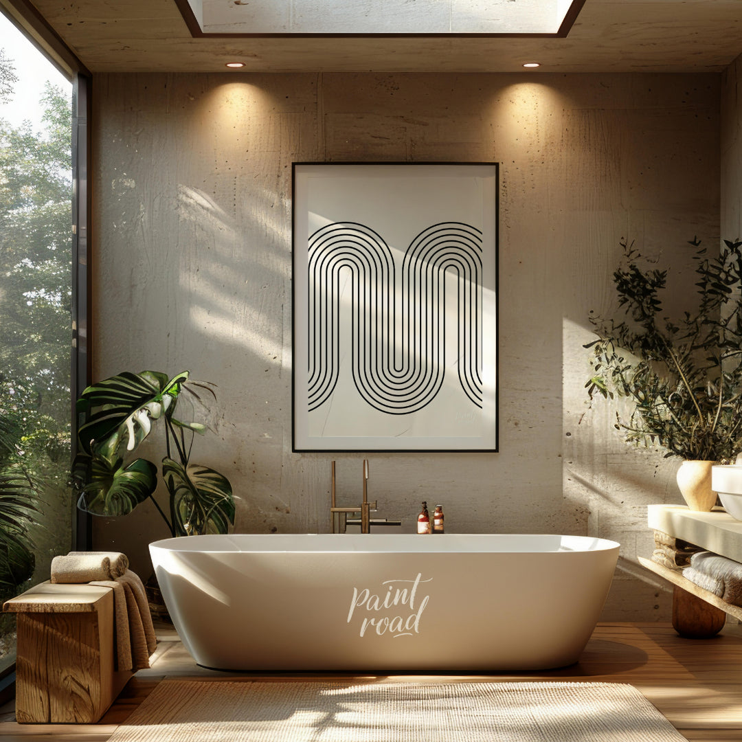 """Retro Arc Flow"" features a striking geometric design with a nostalgic, mid-century modern aesth… for bathroom