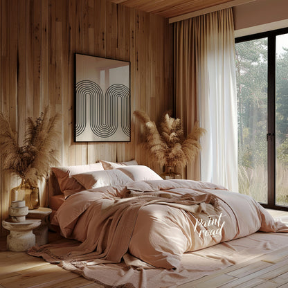"""Retro Arc Flow"" features a striking geometric design with a nostalgic, mid-century modern aesth… for bedroom
