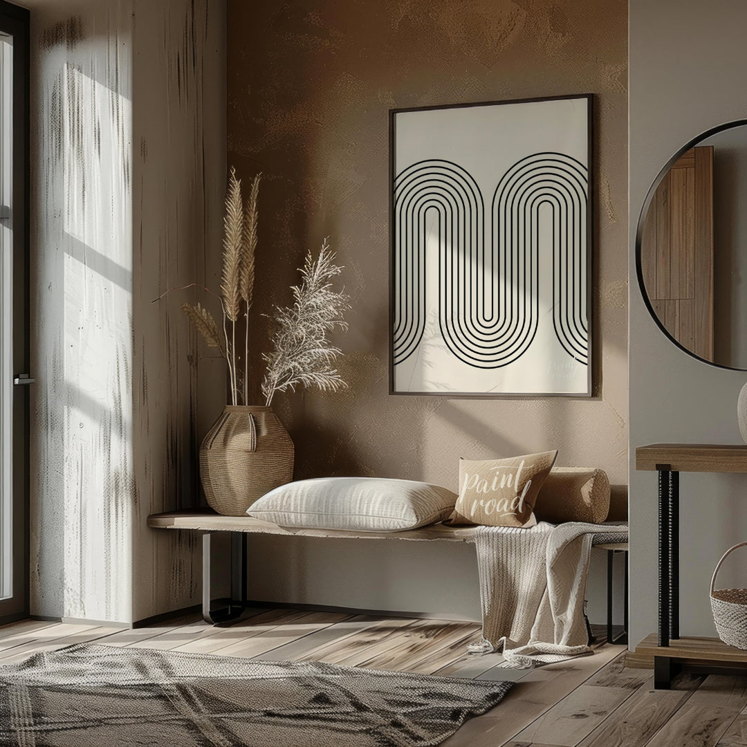 """Retro Arc Flow"" features a striking geometric design with a nostalgic, mid-century modern aesth… for entryway