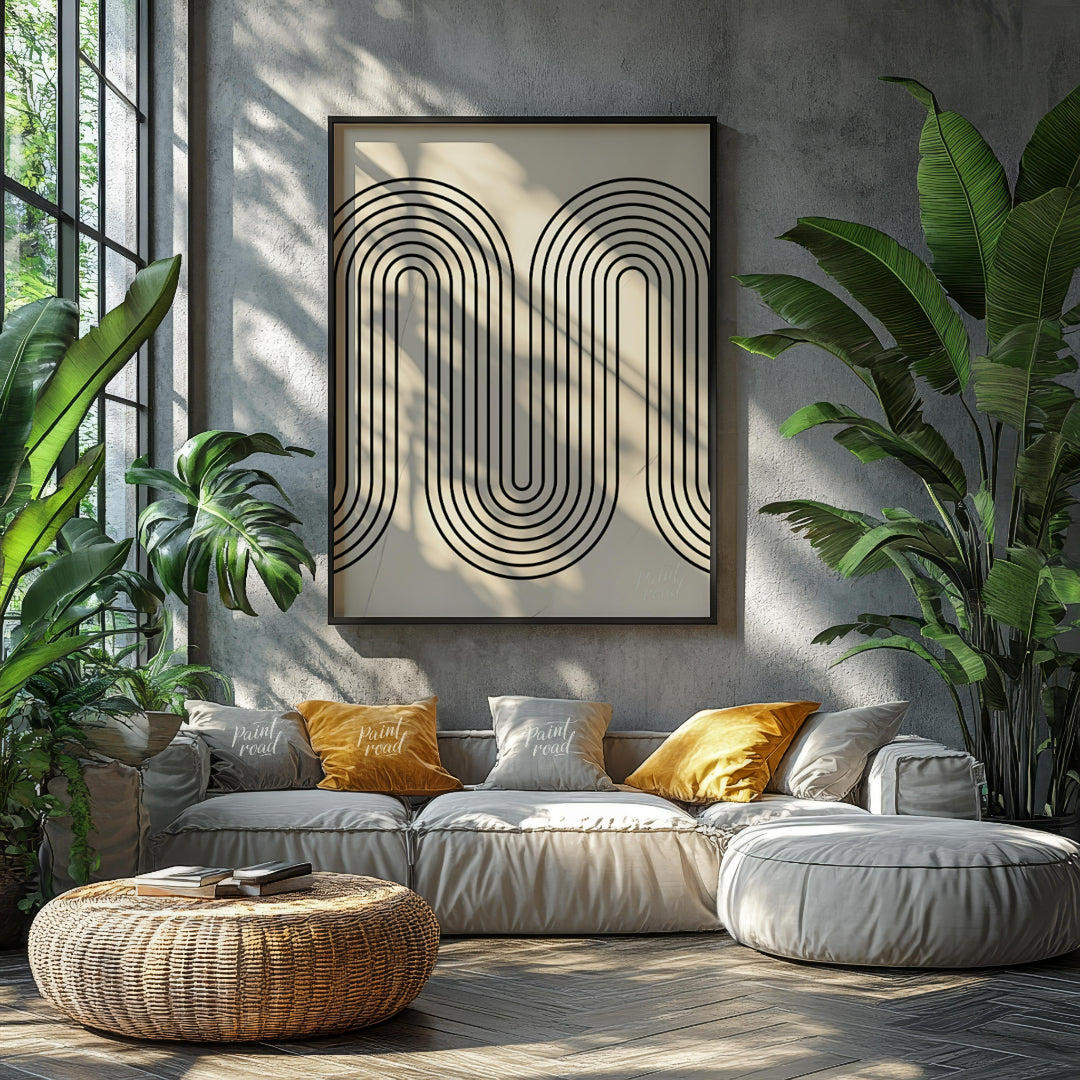 """Retro Arc Flow"" features a striking geometric design with a nostalgic, mid-century modern aesth… for living room