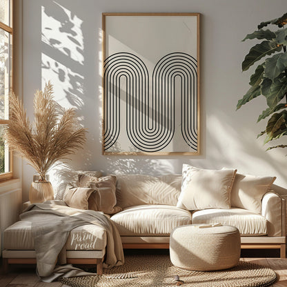 """Retro Arc Flow"" features a striking geometric design with a nostalgic, mid-century modern aesth… for living room