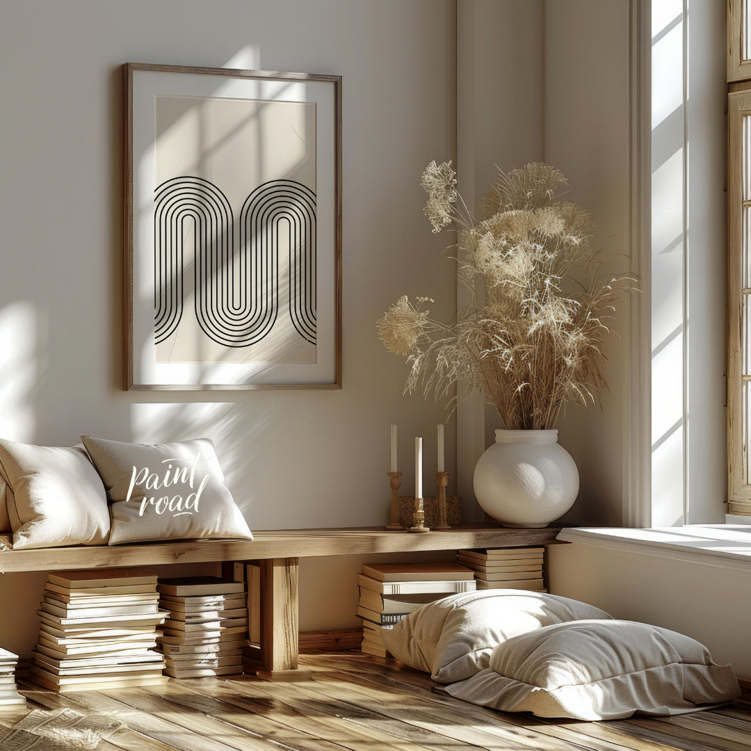 """Retro Arc Flow"" features a striking geometric design with a nostalgic, mid-century modern aesth… for living room