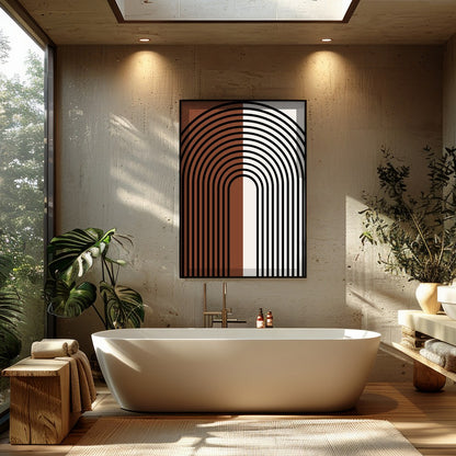 This captivating piece of wall art features a striking symmetrical arch design, merging vintage for Bathroom
