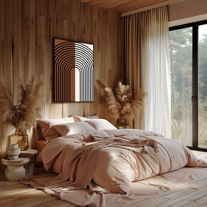 This captivating piece of wall art features a striking symmetrical arch design, merging vintage for Bedroom