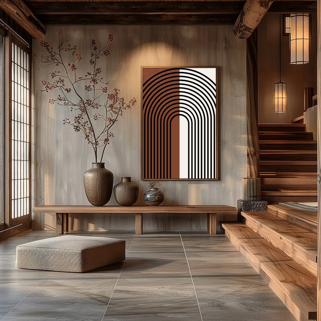 This captivating piece of wall art features a striking symmetrical arch design, merging vintage for Hall