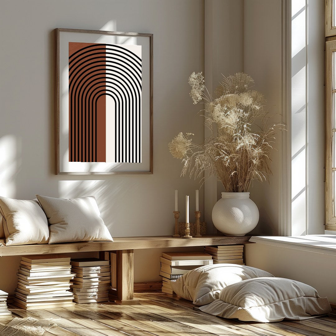 This captivating piece of wall art features a striking symmetrical arch design, merging vintage for house