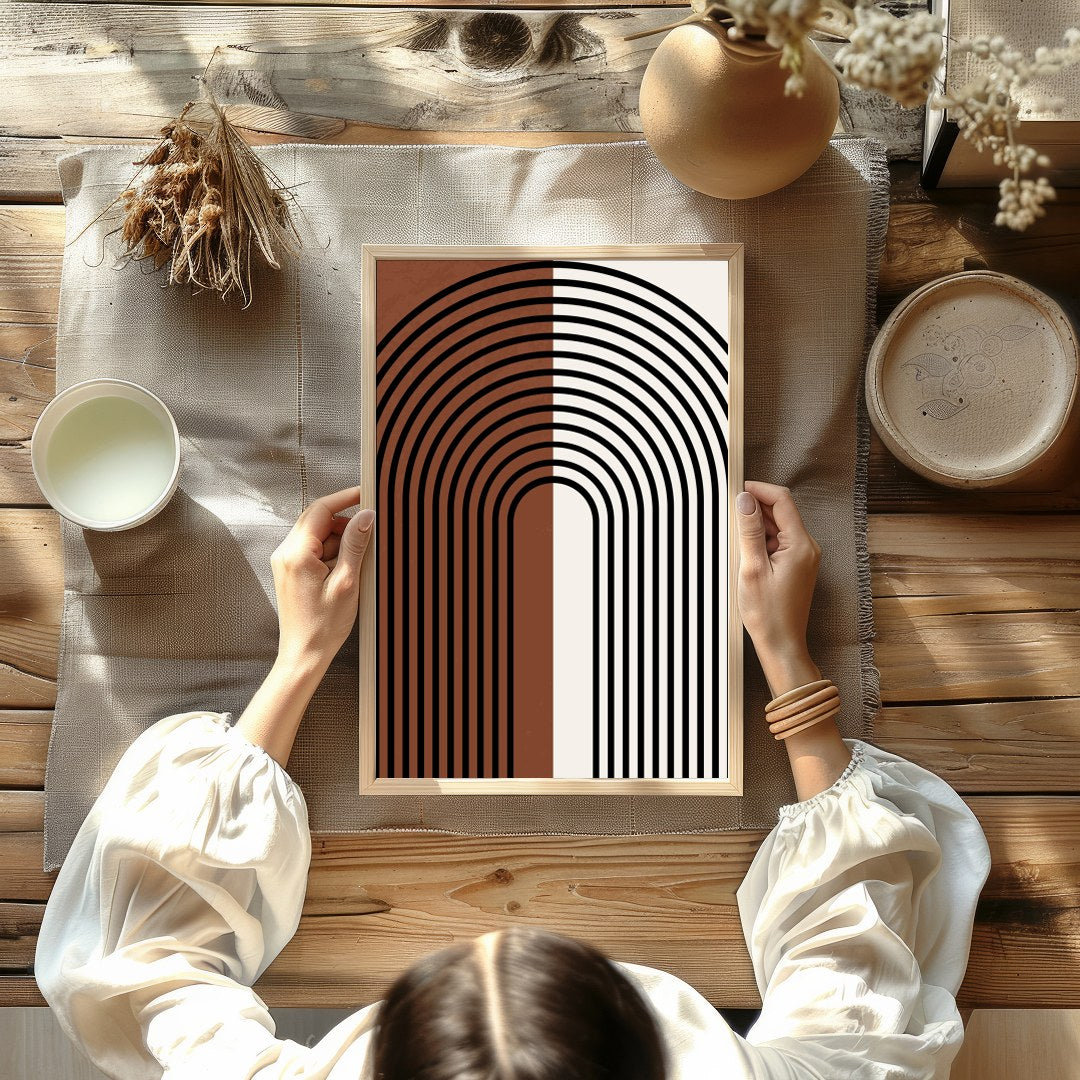 This captivating piece of wall art features a striking symmetrical arch design, merging vintage for Kitchen