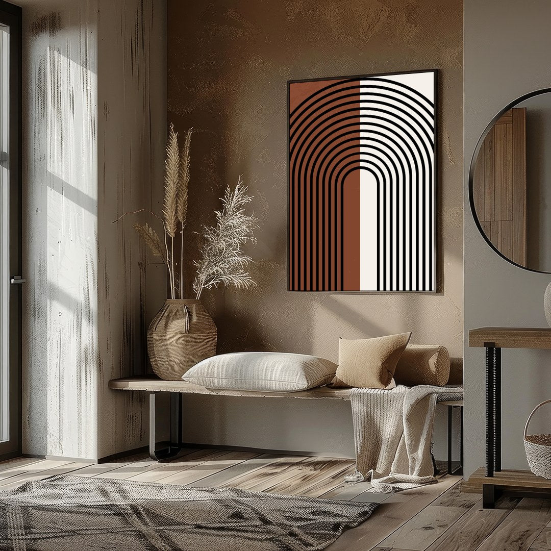 This captivating piece of wall art features a striking symmetrical arch design, merging vintage for place