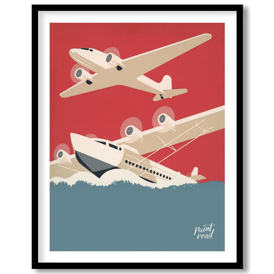 This striking poster features a simplified, graphic illustration of two aircraft: a propeller-drive… for space