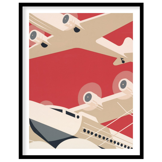 This striking poster features a simplified, graphic illustration of two aircraft: a propeller-drive… for space