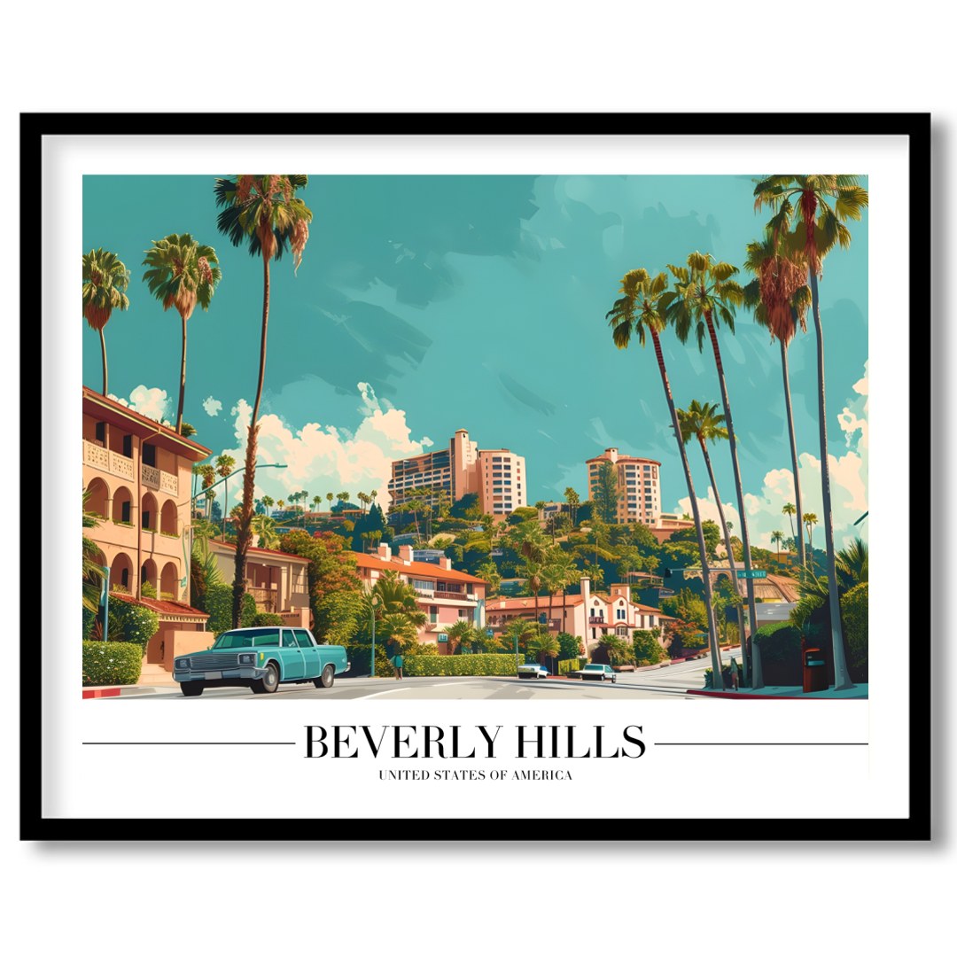 Experience the vintage charm of Beverly Hills with this stunning art print. Capturing the iconic for abode