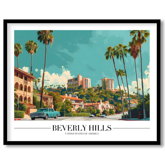 Experience the vintage charm of Beverly Hills with this stunning art print. Capturing the iconic for abode