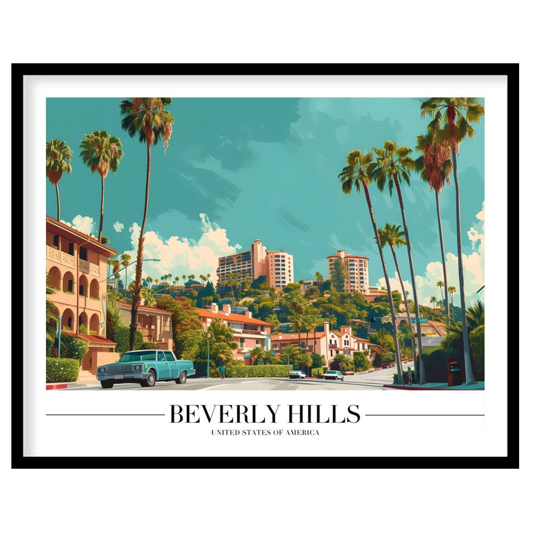 Experience the vintage charm of Beverly Hills with this stunning art print. Capturing the iconic for abode