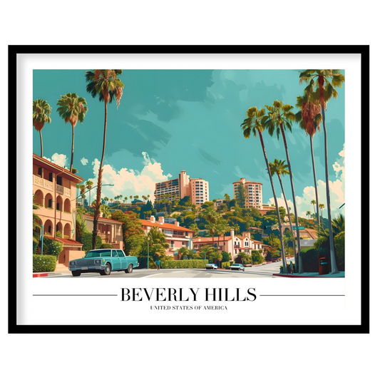 Experience the vintage charm of Beverly Hills with this stunning art print. Capturing the iconic for abode