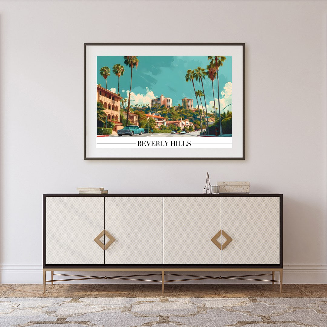 Experience the vintage charm of Beverly Hills with this stunning art print. Capturing the iconic for Foyer