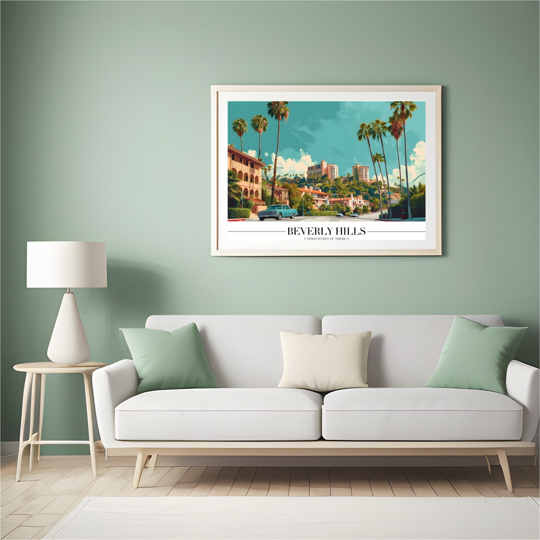 Experience the vintage charm of Beverly Hills with this stunning art print. Capturing the iconic for Hall