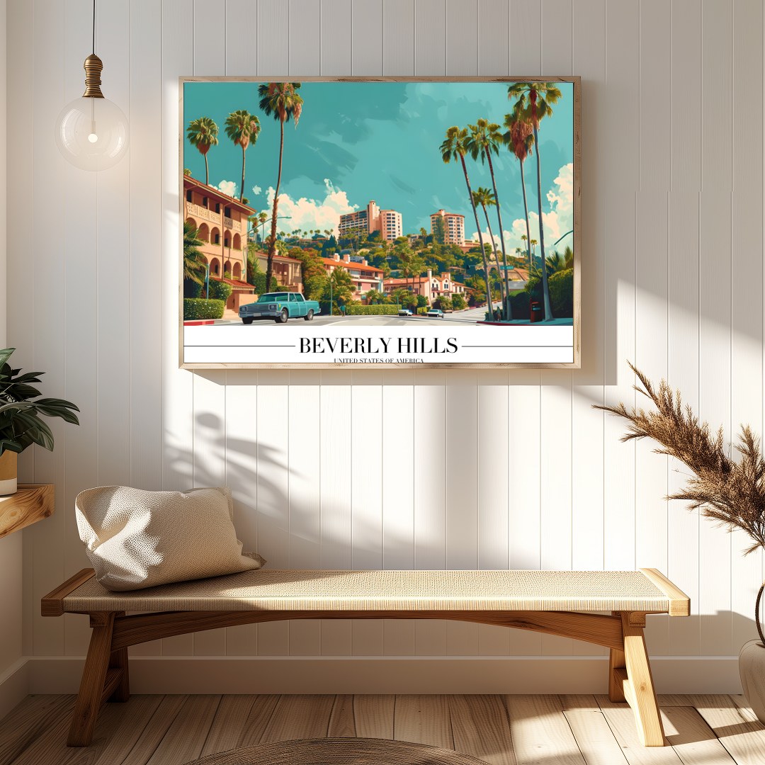 Experience the vintage charm of Beverly Hills with this stunning art print. Capturing the iconic for Hallway