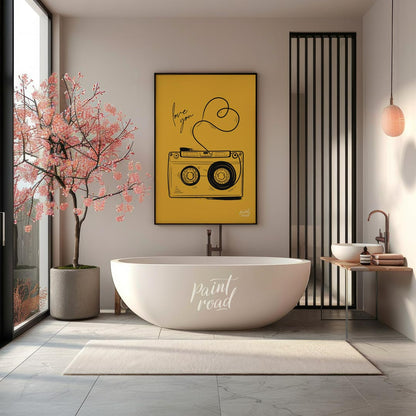 This nostalgic and charming art print features a classic retro cassette tape rendered in a clean, b… for bathroom