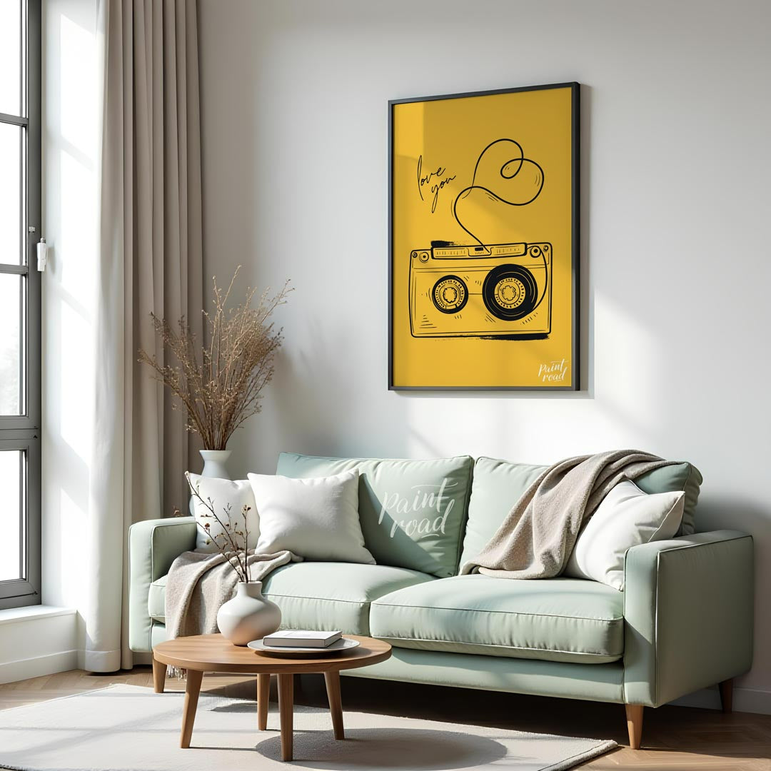 This nostalgic and charming art print features a classic retro cassette tape rendered in a clean, b… for living room