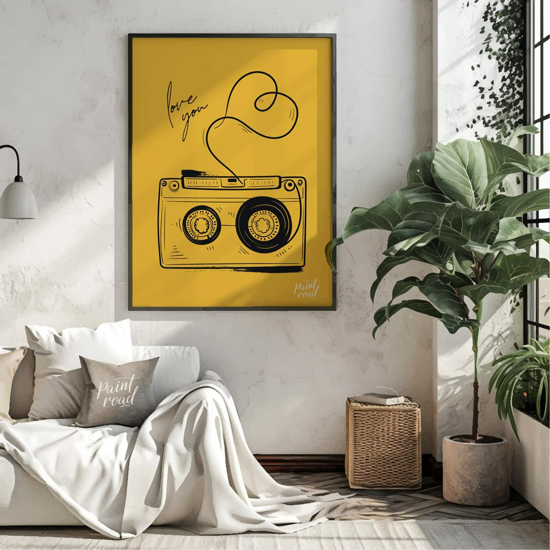 This nostalgic and charming art print features a classic retro cassette tape rendered in a clean, b… for living room