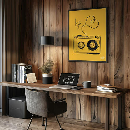 This nostalgic and charming art print features a classic retro cassette tape rendered in a clean, b… for office