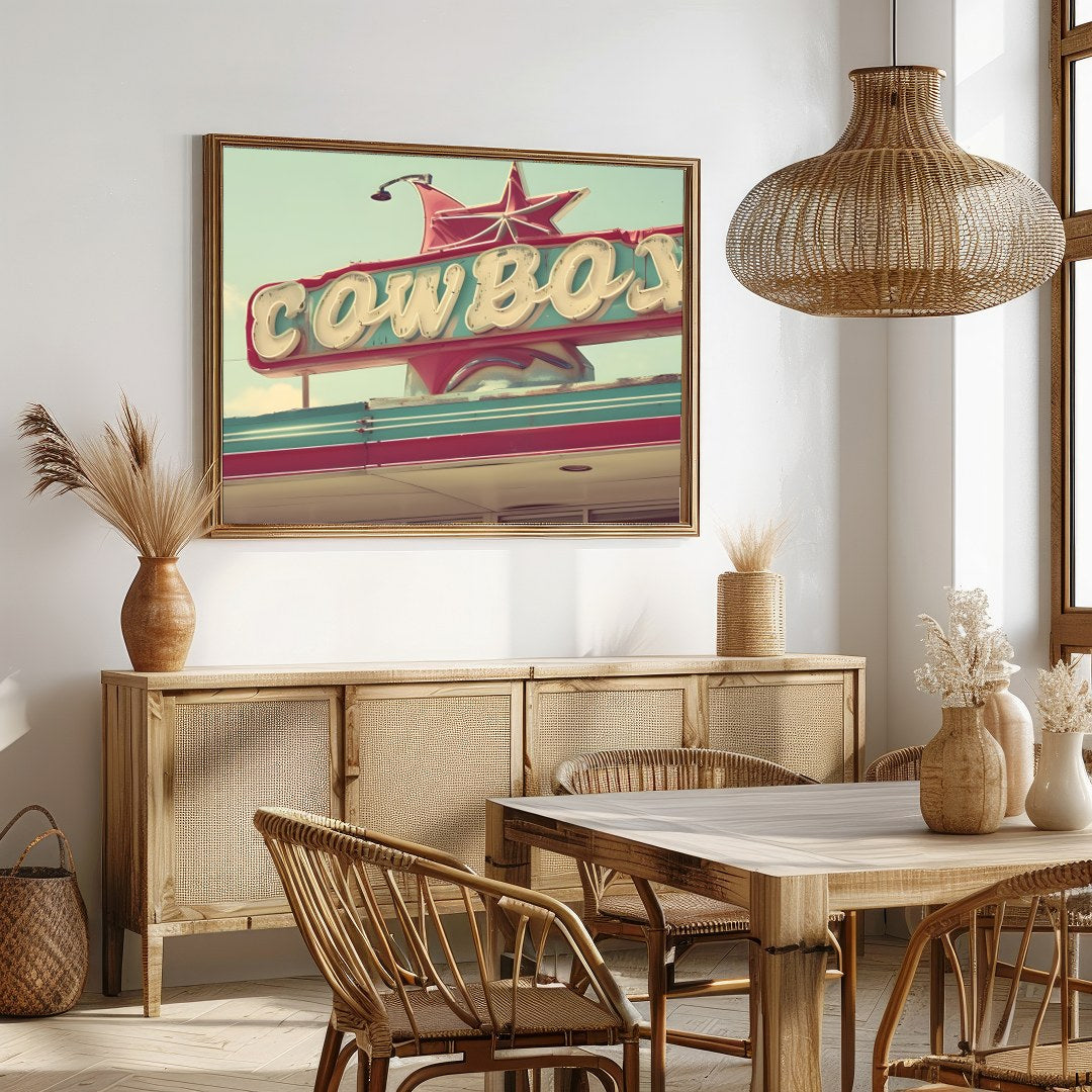 Capture the essence of the open road with this nostalgic piece, featuring a vibrant retro cowboy for Dining