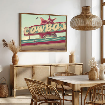 Capture the essence of the open road with this nostalgic piece, featuring a vibrant retro cowboy for Dining