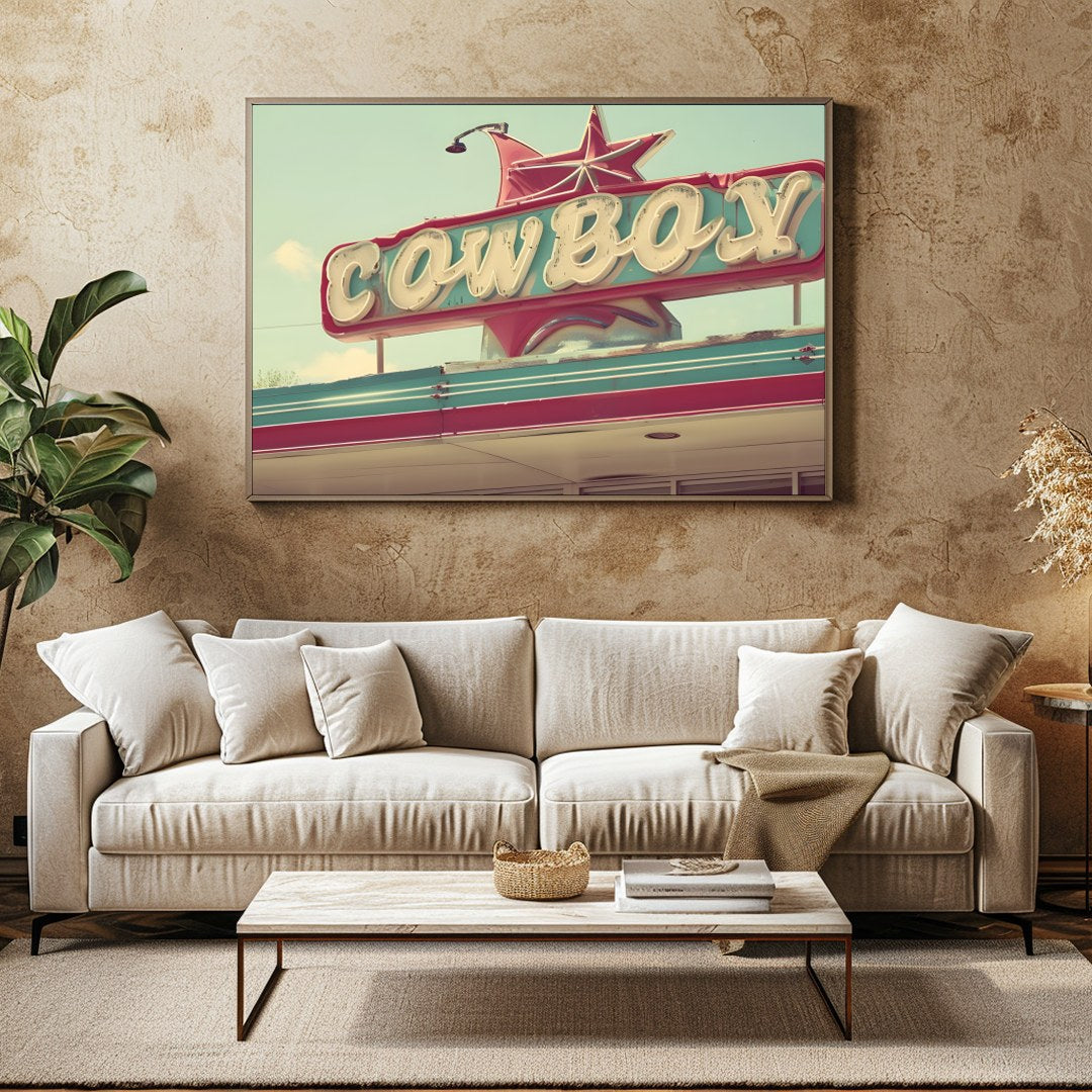 Capture the essence of the open road with this nostalgic piece, featuring a vibrant retro cowboy for Family Room