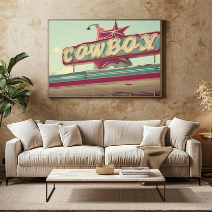 Capture the essence of the open road with this nostalgic piece, featuring a vibrant retro cowboy for Family Room